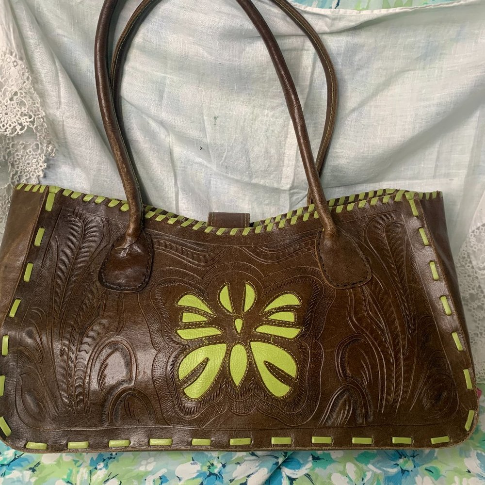 Leaders in Leather Paraguay Tooled Leather bag w/ cutouts and lime green accents